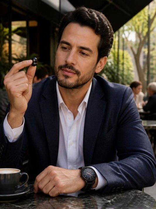 Reloj inteligente con audífonos integrados en la muñeca de un ejecutivo en un café de Polanco