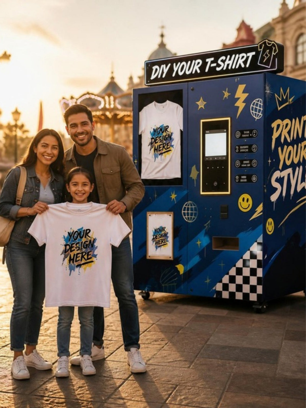 Quiosco de impresión de camisetas con IA en la plaza de recuerdos de un parque de diversiones en Guadalajara, familia mostrando su playera recién impresa