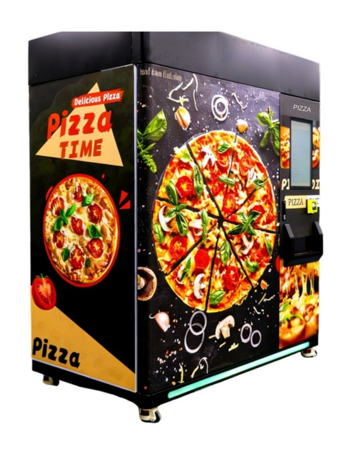 Máquina expendedora de pizza refrigerada con horno rápido en fondo blanco