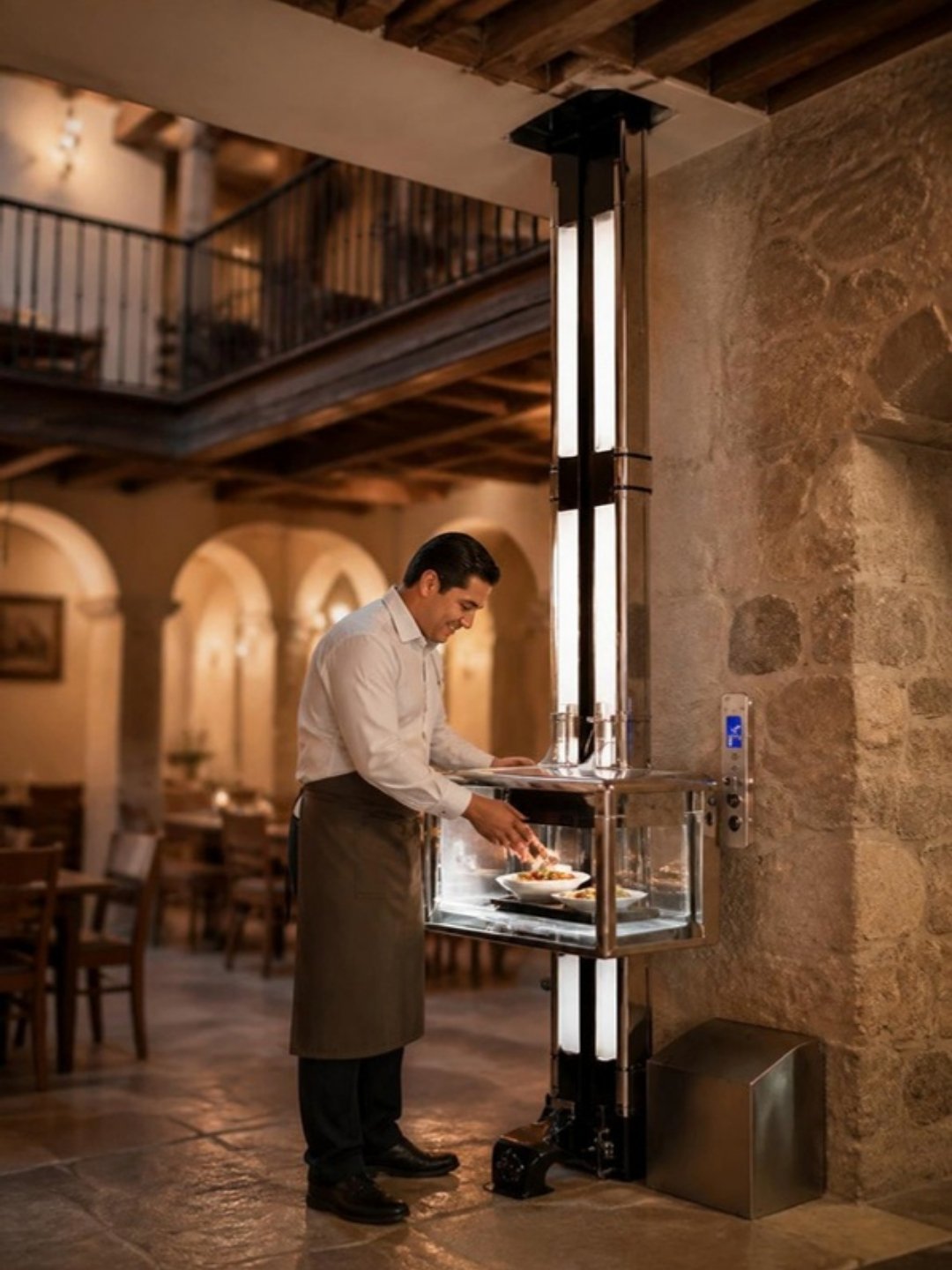 Montaplatos eléctrico en un restaurante de dos pisos en San Miguel de Allende, mesero recibiendo platillos