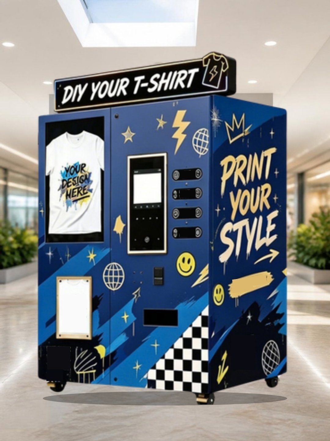 Quiosco de impresión de camisetas con IA en el pasillo techado de un centro comercial