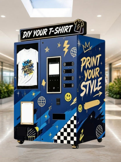 Quiosco de impresión de camisetas con IA en el pasillo techado de un centro comercial