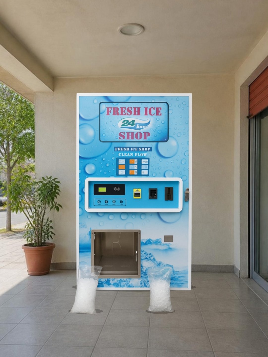 Máquina expendedora de hielo 180 kg/día bajo el porche techado de una tienda