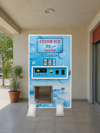 Máquina expendedora de hielo 180 kg/día bajo el porche techado de una tienda