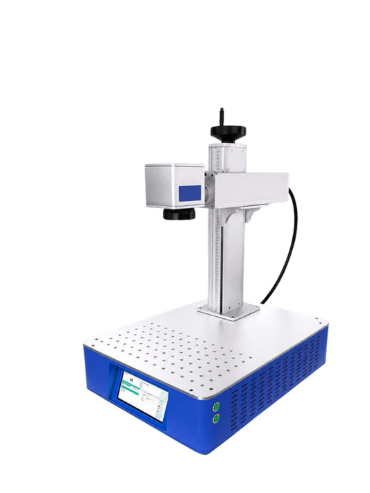 Máquina de marcado láser de fibra de escritorio con base azul, columna de elevación y cabezal láser, en fondo blanco