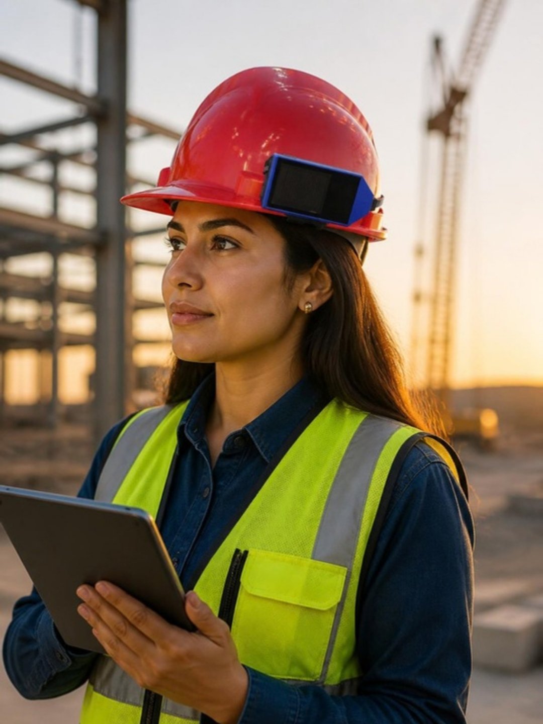 Casco de seguridad inteligente con cámara usado por una ingeniera en una obra de Querétaro