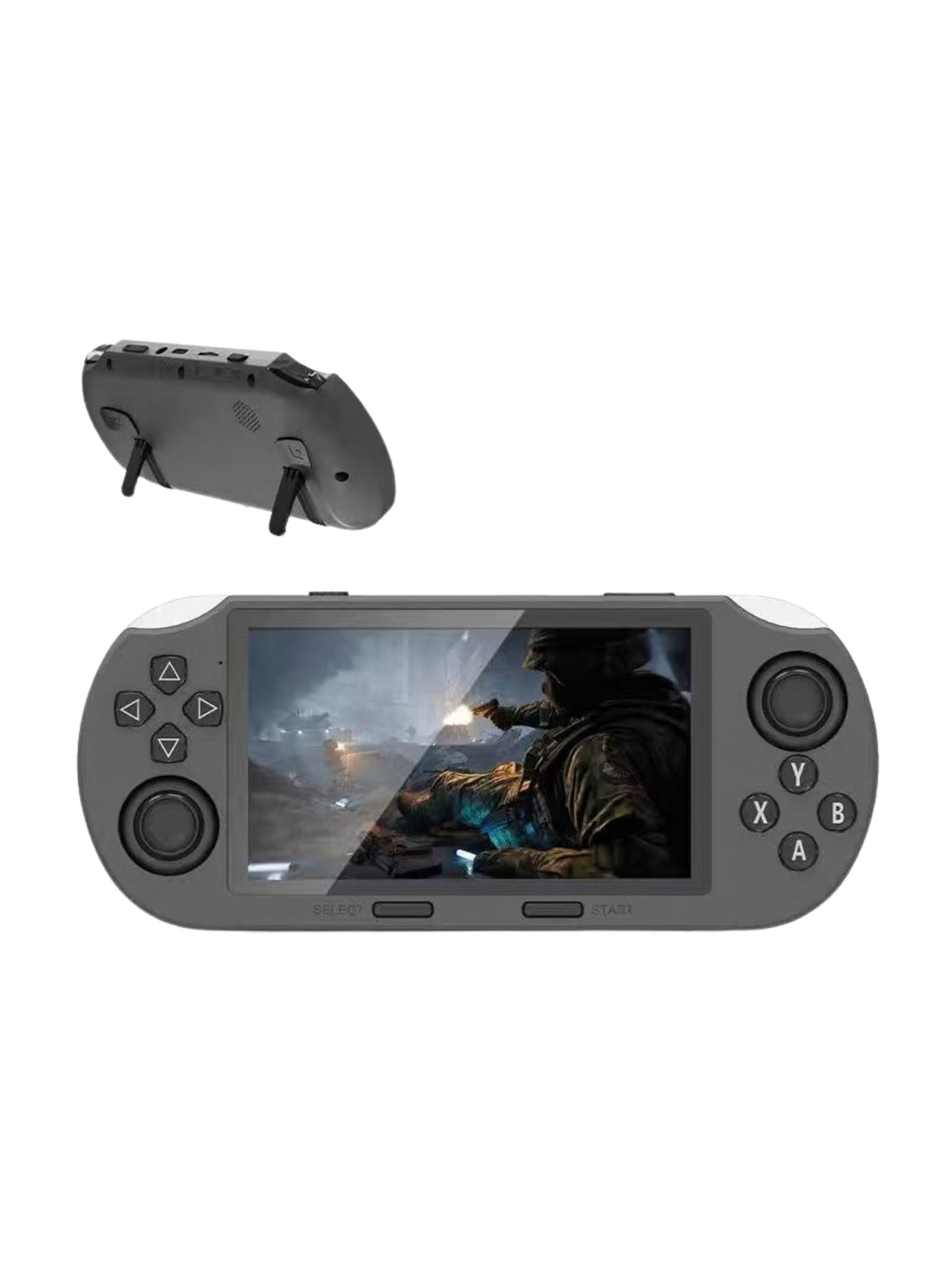 Consola de videojuegos portátil SF3000HD con pantalla de 4,5 pulgadas y doble palanca, con soporte trasero, en fondo blanco