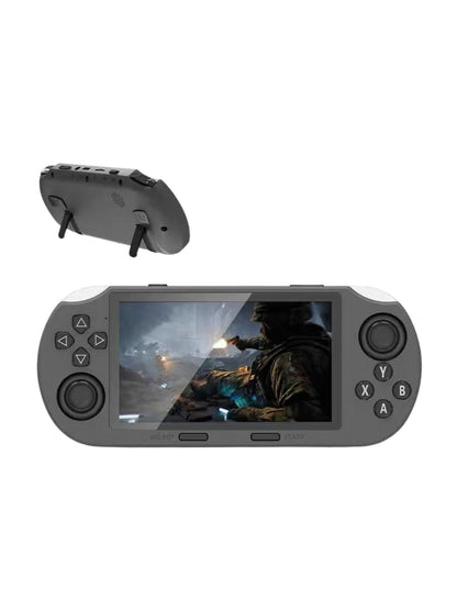 Consola de videojuegos portátil SF3000HD con pantalla de 4,5 pulgadas y doble palanca, con soporte trasero, en fondo blanco