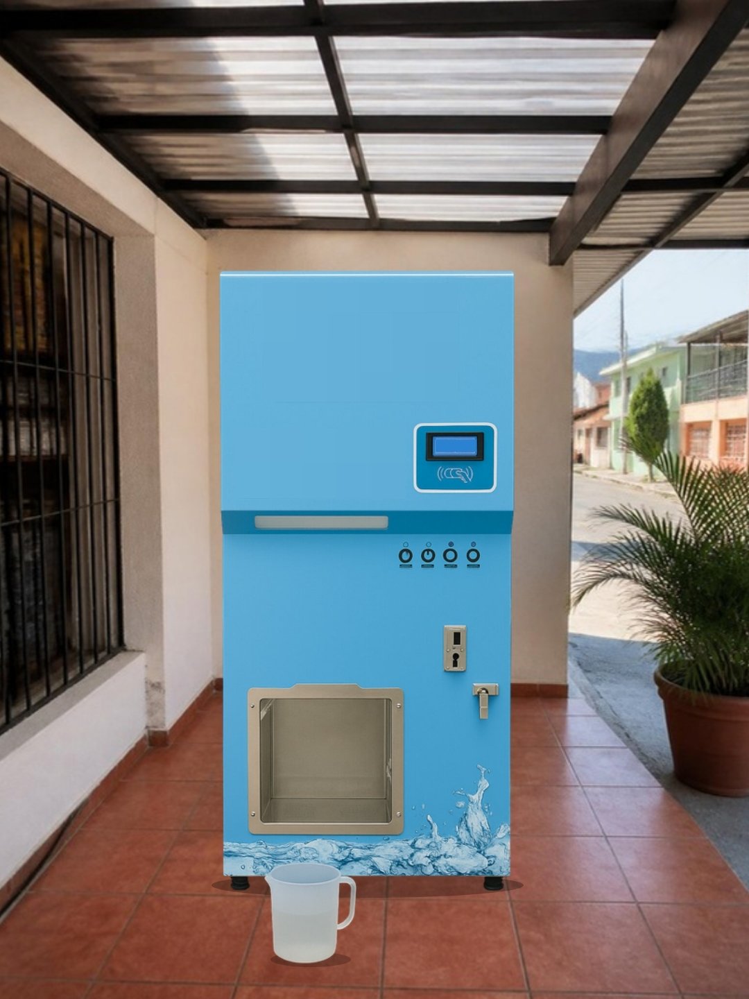 Máquina expendedora de hielo a granel 140 kg/día bajo un porche con toldo de policarbonato