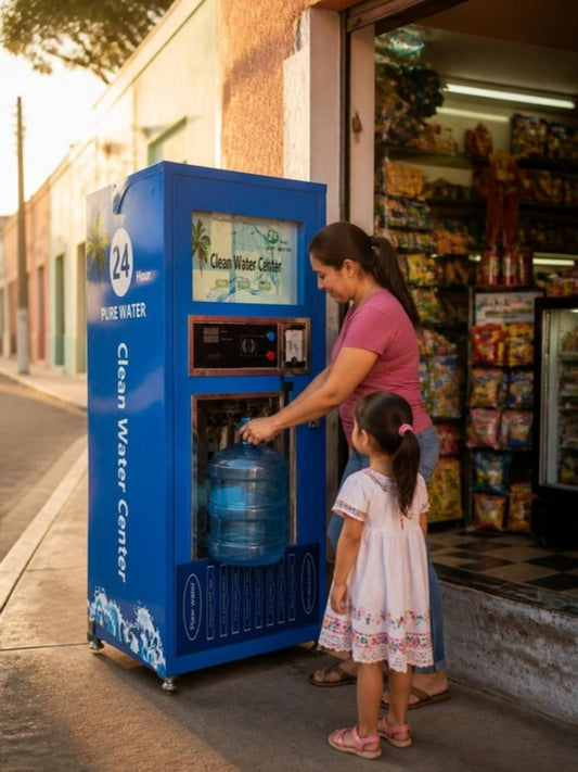 Máquina dispensadora de agua purificada de 3000 litros al día frente a una tienda de barrio en Mérida, madre llenando un garrafón con su hija