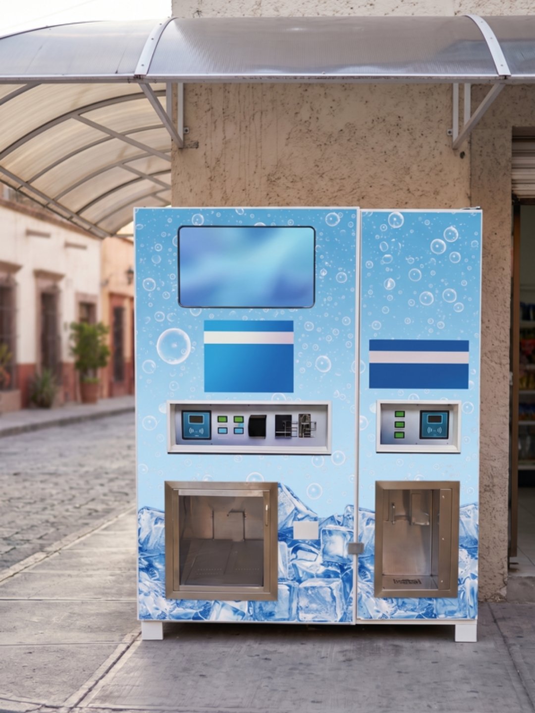 Expendedora doble de hielo de 450 kg y agua purificada de 3,000 L bajo un toldo de policarbonato en una calle empedrada
