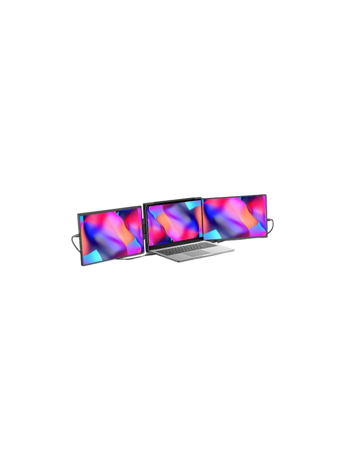 Monitor portátil de doble pantalla de 14,1 pulgadas desplegado a los lados de una laptop, en fondo blanco
