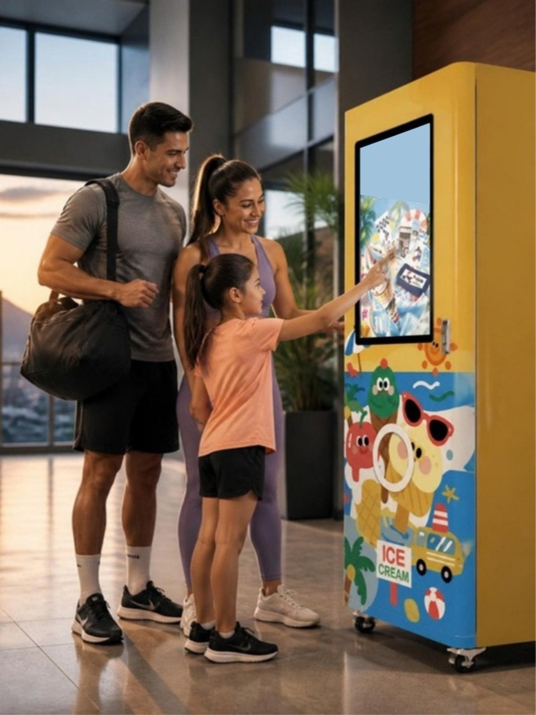 Máquina expendedora de helados congelados en el lobby de un club deportivo en Monterrey, familia eligiendo paletas en la pantalla táctil después de entrenar