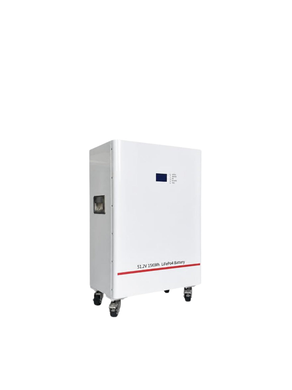 Batería de litio de 15 kWh y 51,2 V en gabinete blanco con pantalla y ruedas, en fondo blanco