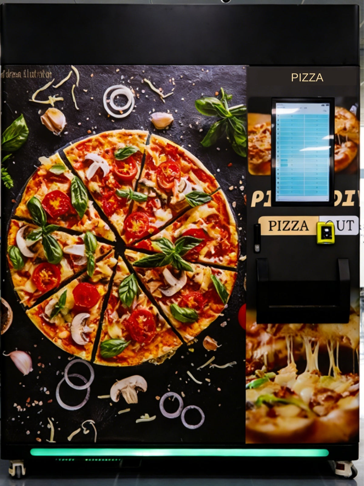 Máquina expendedora de pizza con horno rápido, vista frontal con pantalla táctil