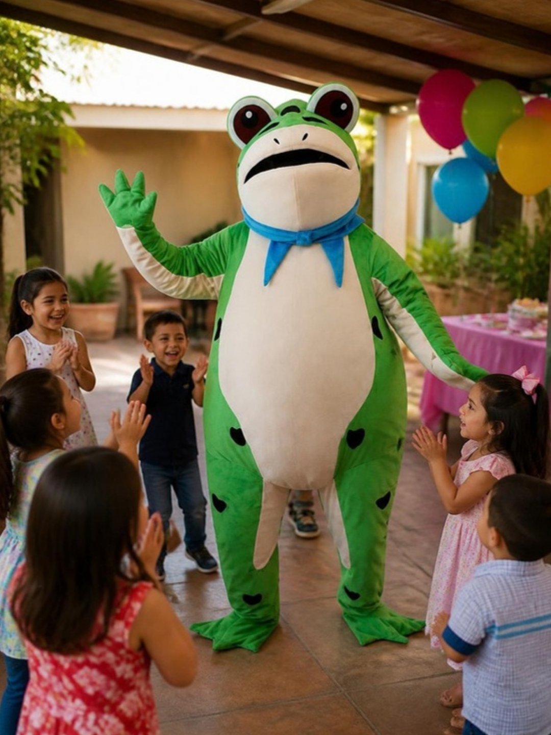 Disfraz inflable de rana verde en una fiesta de cumpleaños en un jardín, niños riendo