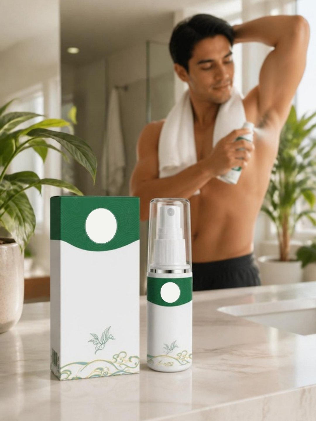 Desodorante antitranspirante en spray en un baño moderno, hombre joven aplicándolo por la mañana