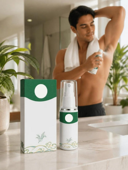 Desodorante antitranspirante en spray en un baño moderno, hombre joven aplicándolo por la mañana