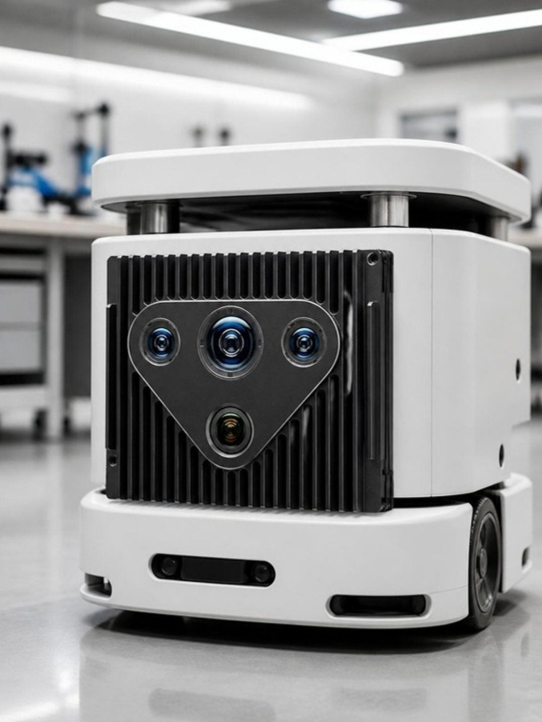 Cámara activa RoboSense AC1 con sus cuatro lentes montada en un robot móvil dentro de un laboratorio de robótica