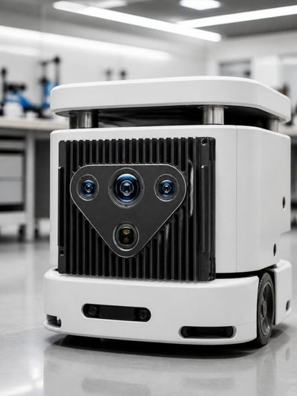Cámara activa RoboSense AC1 con sus cuatro lentes montada en un robot móvil dentro de un laboratorio de robótica
