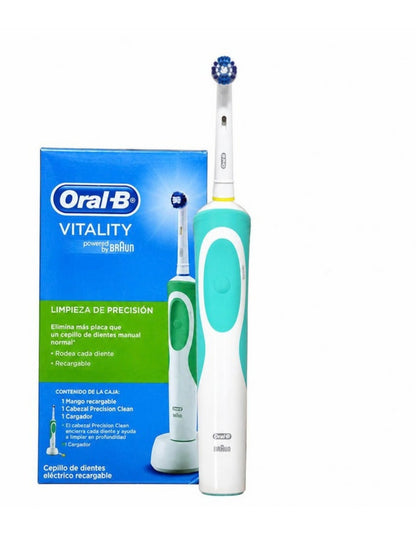 Cepillo de dientes eléctrico Oral-B Vitality recargable color verde junto a su caja, en fondo blanco