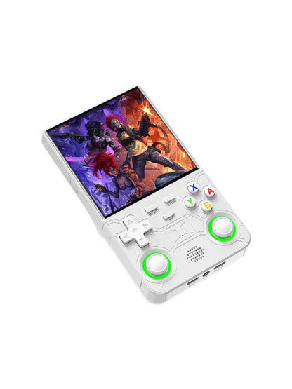 Consola retro portátil R36Ultra blanca con pantalla cuadrada y palancas con luz, en fondo blanco