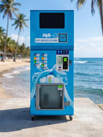 Máquina expendedora de hielo en bolsa y granel 160 kg/día junto al mar