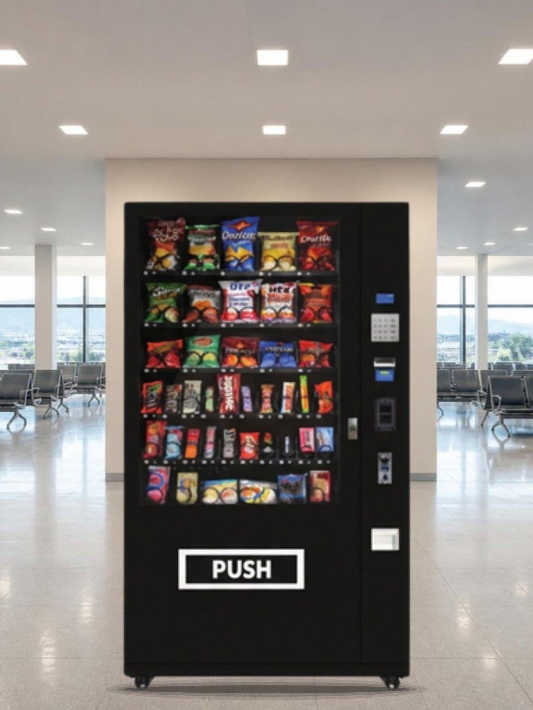 Máquina expendedora de snacks de 60 canales en la sala de espera techada de una terminal de autobuses