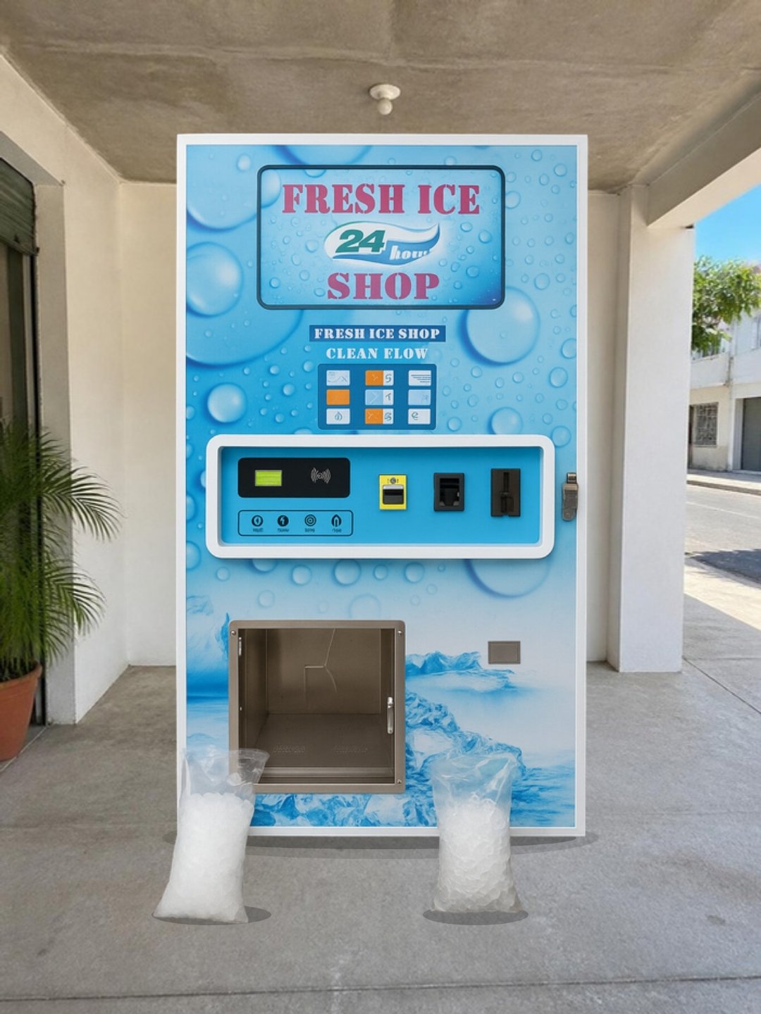 Máquina expendedora de hielo en bolsa y granel 450 kg/día bajo el porche techado de una tienda de barrio, con bolsas de hielo al frente