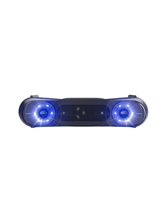 Escáner 3D Creality Raptor Pro con luces láser azules, en fondo blanco