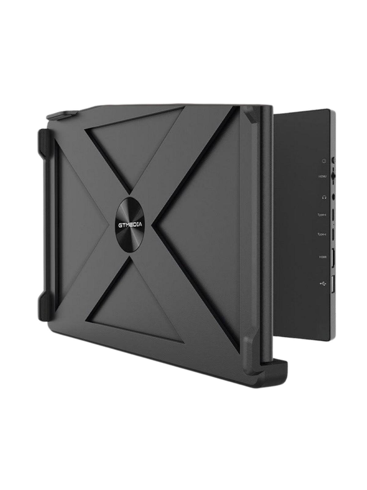 Monitor portátil doble GTMEIDA Mate X de 11,6 pulgadas plegado, vista trasera con soporte y puertos laterales, en fondo blanco