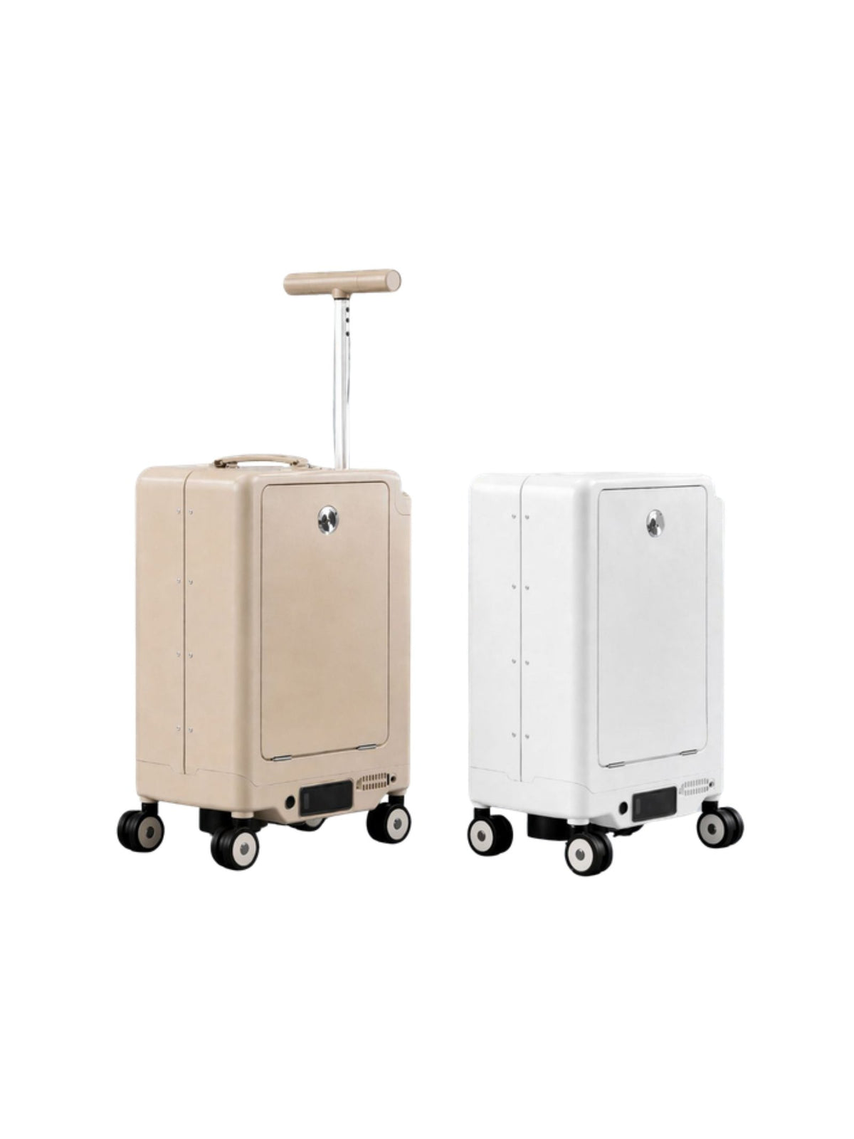 Maleta eléctrica inteligente de 20 pulgadas en color champán y blanco, con ruedas motorizadas, en fondo blanco