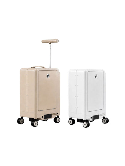 Maleta eléctrica inteligente de 20 pulgadas en color champán y blanco, con ruedas motorizadas, en fondo blanco
