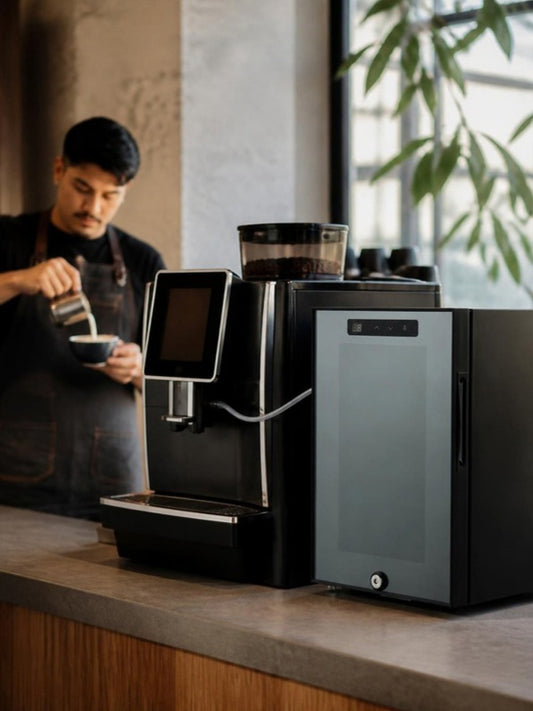 Refrigerador de leche junto a una cafetera superautomática en una cafetería de especialidad