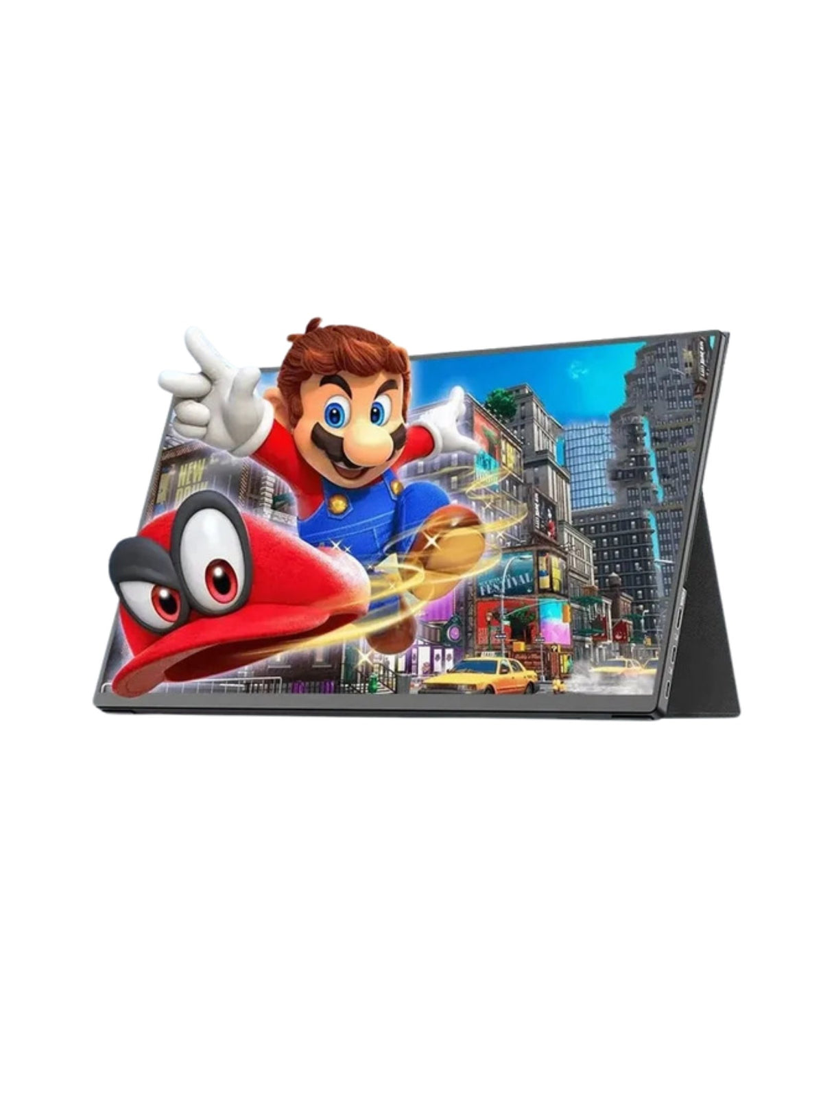 Monitor portátil de 15.6 pulgadas HD IPS con funda soporte, pantalla encendida, en fondo blanco