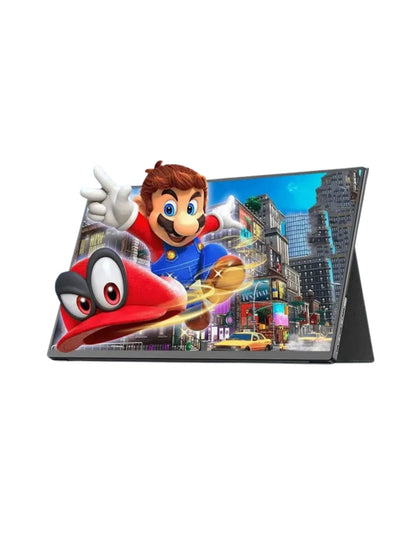Monitor portátil de 15.6 pulgadas HD IPS con funda soporte, pantalla encendida, en fondo blanco