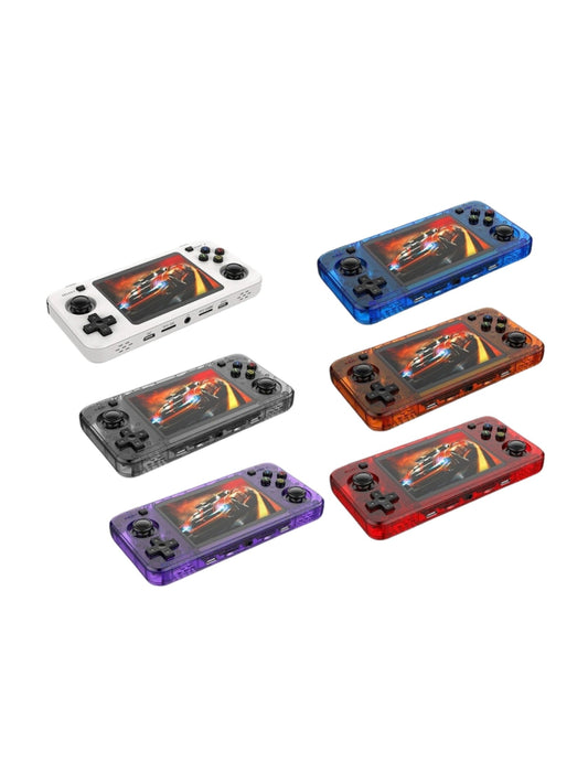 Consola retro portátil R36H en seis colores: blanco, azul, gris, naranja, morado y rojo, en fondo blanco