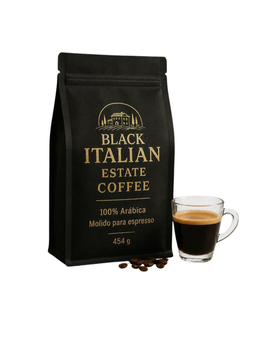 Café molido Black Italian Estate 100 % arábica para espresso, bolsa de 454 g con taza de espresso