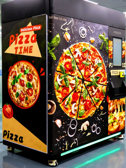 Máquina expendedora de pizza con horno rápido, vista lateral