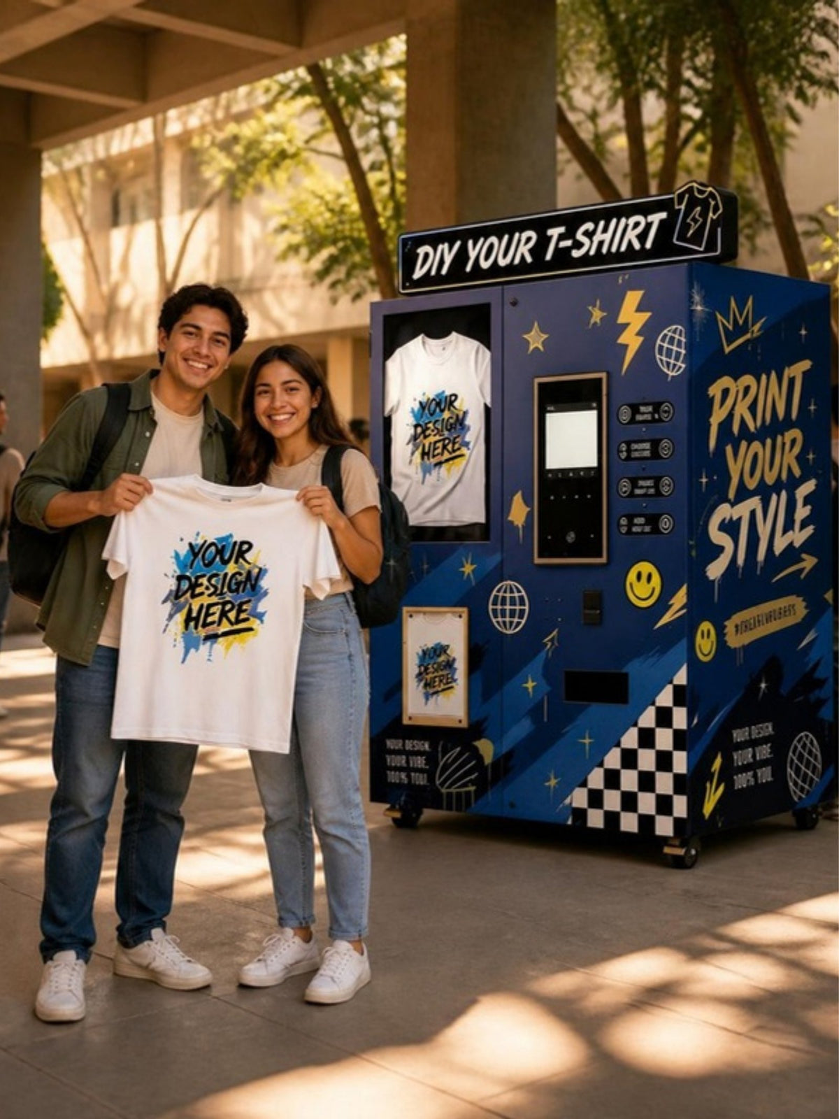 Quiosco de impresión de camisetas con IA en el patio de una universidad en México, dos estudiantes mostrando su playera recién impresa