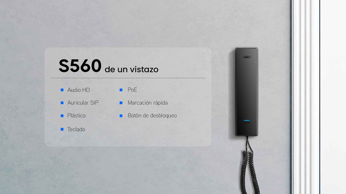 Auricular SIP Akuvox S560 / Panel Frontal Plástico / Compatible con PoE / Montaje en Pared o Escritorio / Botón de Apertura de Puerta / Compatible