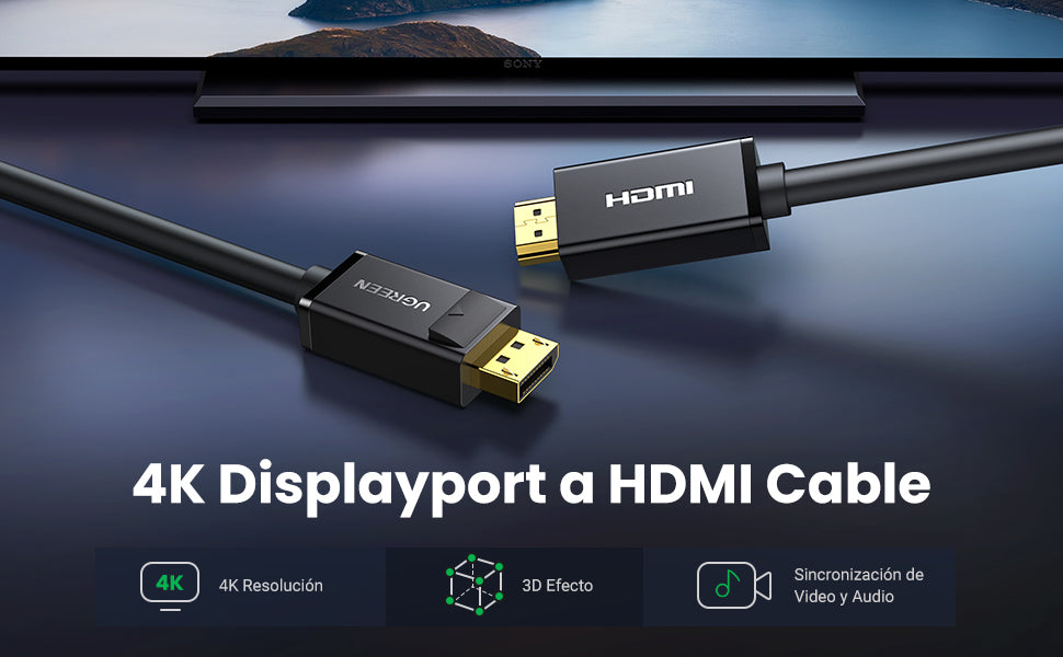Cable DP Macho a HDMI Macho / Longitud 3 Metros (9.84 Pies) / Soporta 4K@30Hz / Soporta 3D / Cobre EstaÑado 28AWG / Blindaje Interno MÚltiple