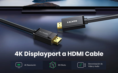 Cable DP Macho a HDMI Macho / Longitud 3 Metros (9.84 Pies) / Soporta 4K@30Hz / Soporta 3D / Cobre EstaÑado 28AWG / Blindaje Interno MÚltiple