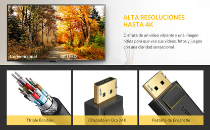 Cable DisplayPort 1.2 Macho a Macho | Longitud 3 Metros (9.84 Pies) | Versión DP1.2 | Soporta 4K@60Hz; 2K@144Hz | Soporta 3D | Color Profundo de 8 y