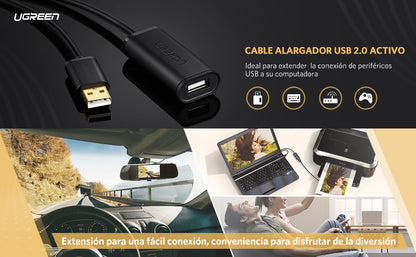 Cable de Extensión Activo USB 2.0 / 10 Metros / Macho-Hembra / Booster individual FE1.1S incorporado / Velocidad de hasta 480 Mbps / Ideal para
