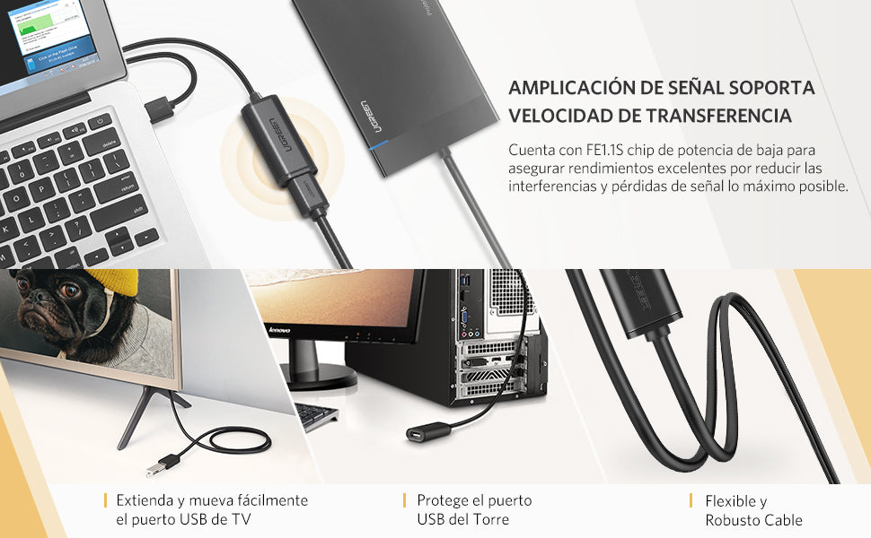 Cable de Extensión Activo USB 2.0 / 5 Metros / Macho-Hembra / Booster individual FE1.1S incorporado / Velocidad de hasta 480 Mbps / Ideal para