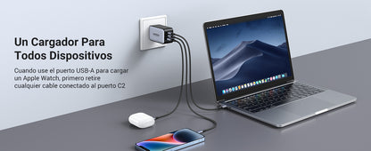 Cargador de 65W serie Nexode | 3 Puertos de Carga Rápida | 2 USB-C | 1 USB-A | Tecnología GaN II | Power Delivery 3.0 | Quick Charge 4.0 | Chip