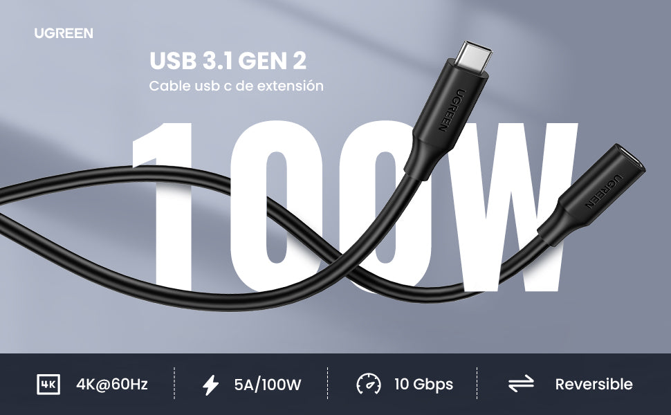 Cable USB-C Macho a USB-C Hembra | 1metro | USB-C 3.1 Gen 2 | Compatible con Thunderbolt 3 | TPE | Transferencia de Datos 10 Gbps | Soporta hasta