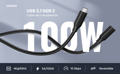 Cable USB-C Macho a USB-C Hembra | 1metro | USB-C 3.1 Gen 2 | Compatible con Thunderbolt 3 | TPE | Transferencia de Datos 10 Gbps | Soporta hasta