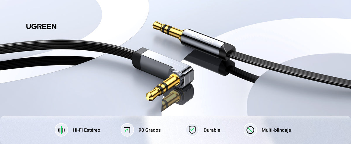 Cable Auxiliar Plano 2 Metros / Conector 3.5mm a 3.5mm / Macho-Macho / Recto a Angulo / Ángulo de 90° en una de sus Puntas / Color Negro